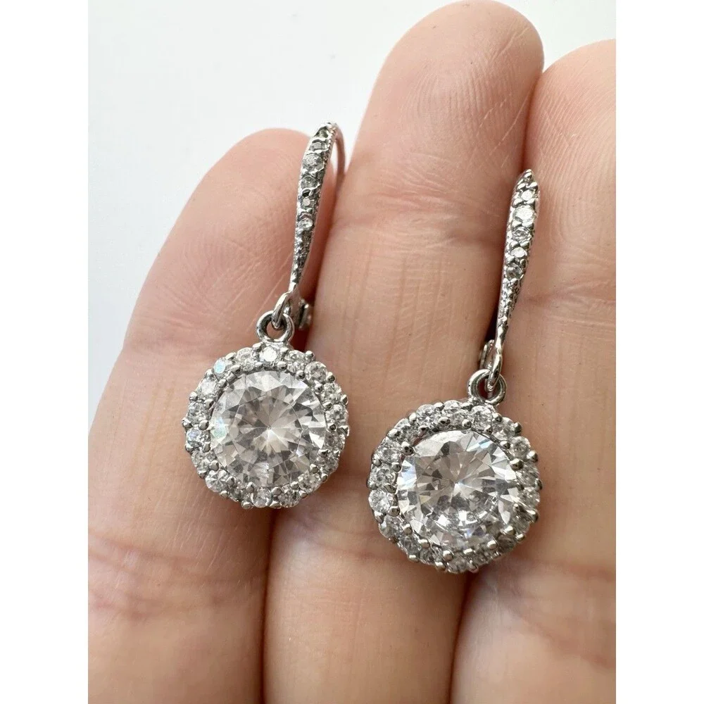 Sterling Silver Round Halo Dangle Earrings Cubic Zirconia Lever Back /Read